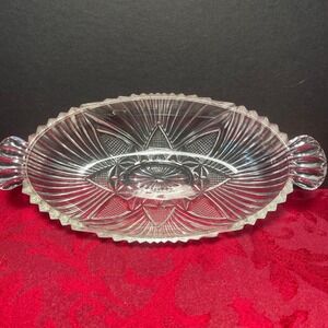Vintage Anchor Hocking Glass Oval Relish Dish Crosshatch Triangles Sawtooth Edge